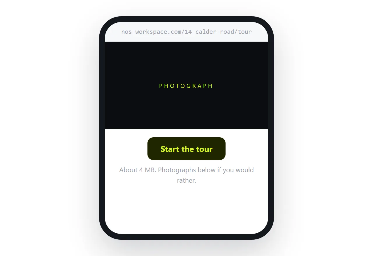 A tour page showing a photograph with a clear control to begin the walkthrough.