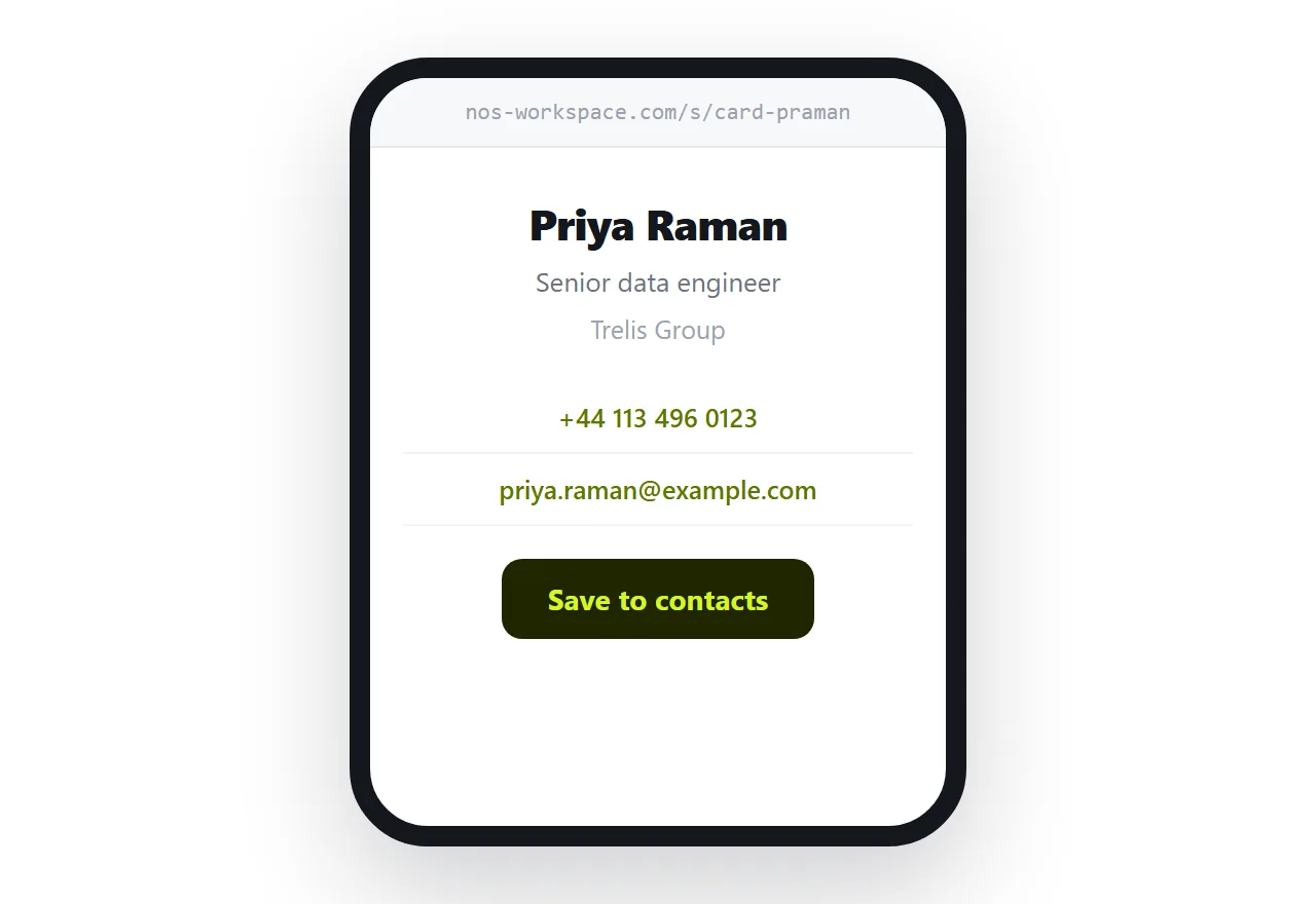 A visiting card on a phone. Name and role at the top, tappable phone and email, a save button beneath.
