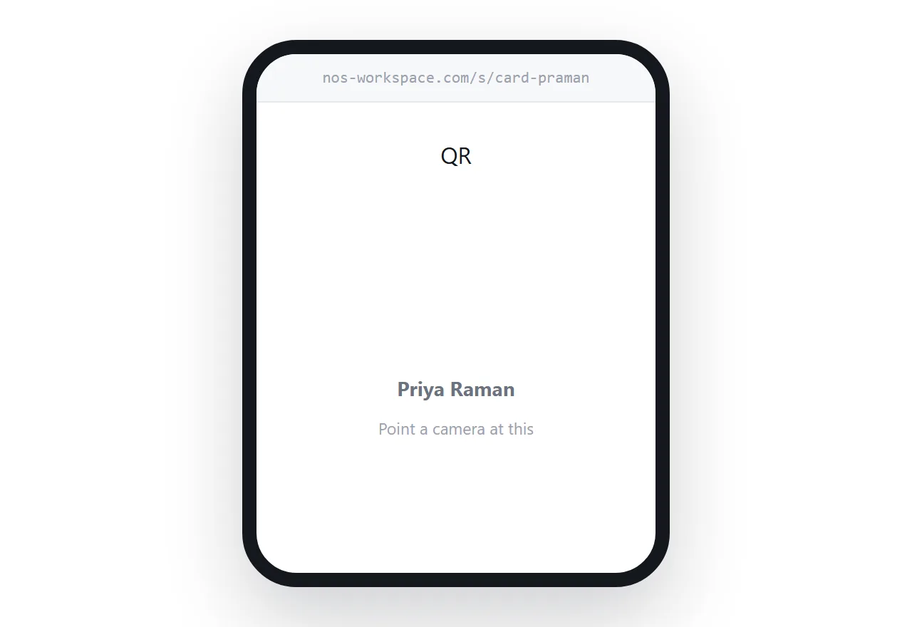 A phone showing a QR code for the card, held out to be scanned.