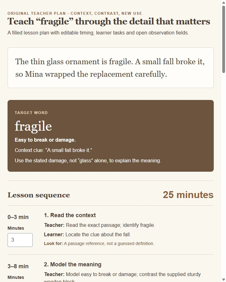 Fragile · A 25-Minute Vocabulary Lesson — Select a word needed to understand supplied text,teach a student-friendly meaning with context/example/nonexample and plan discussion/use…