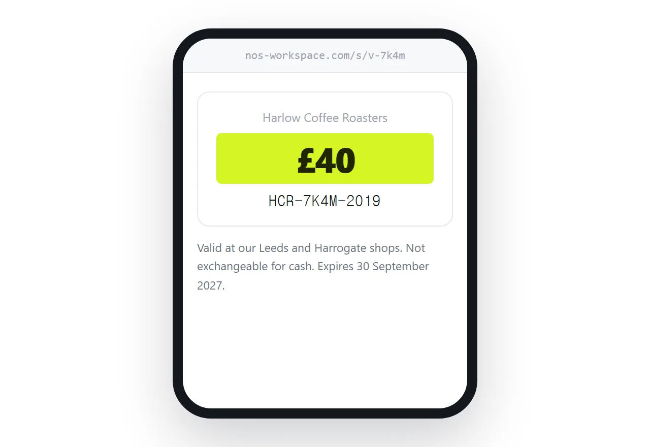 A gift voucher on a phone. Value and code prominent, terms in smaller text beneath.