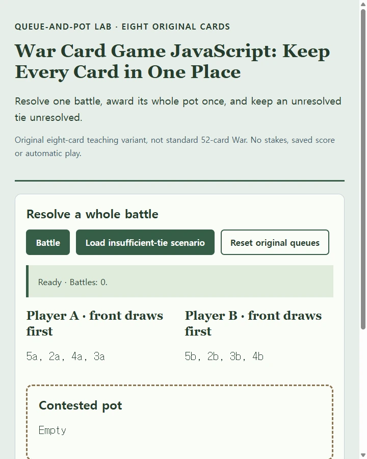War Card Game JavaScript: Keep Every Card in One Place