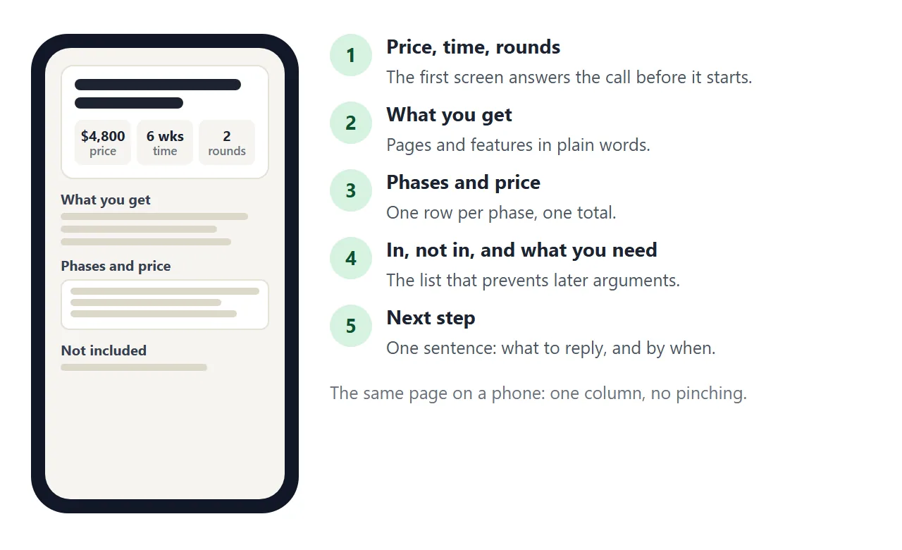The five blocks of the page in reading order, and the same page on a phone.
