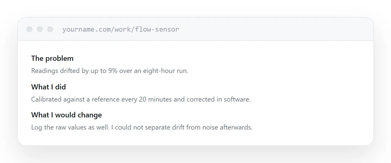 A project entry with problem, approach, outcome and what would change.