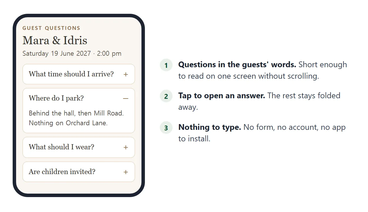 What a guest sees on a phone: questions to tap, one answer open, nothing to type.