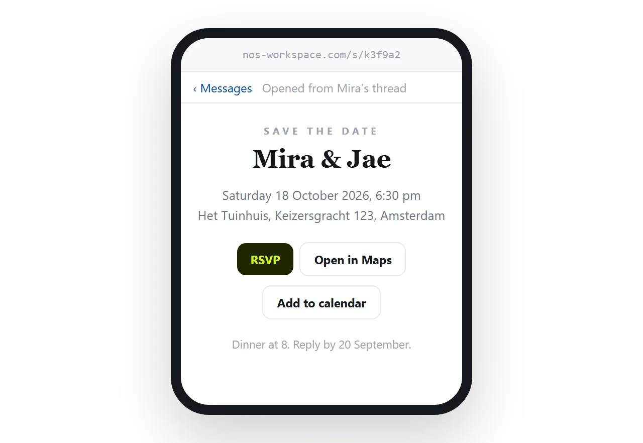 A wedding invitation page open on a phone, one column, opened from a link in a chat thread.