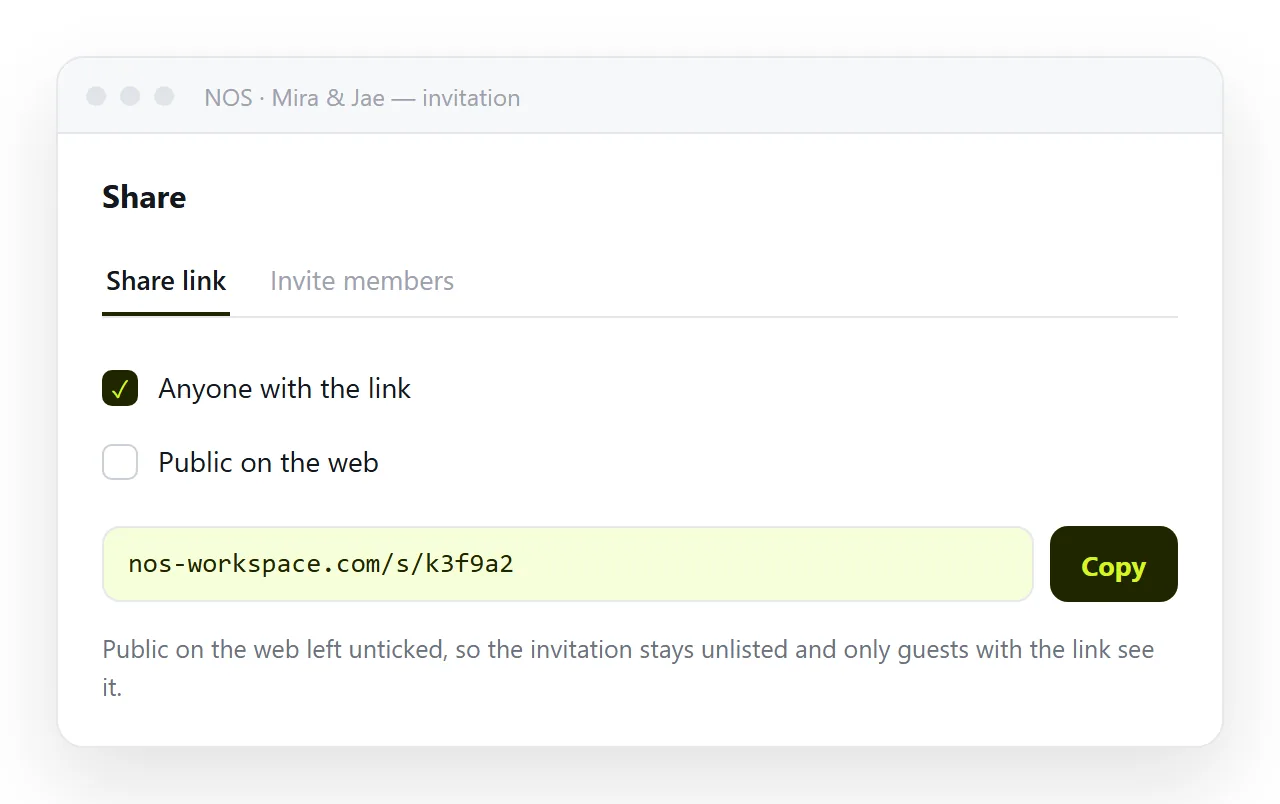 The share panel, link created, Public on the web left unticked so the invitation stays unlisted.