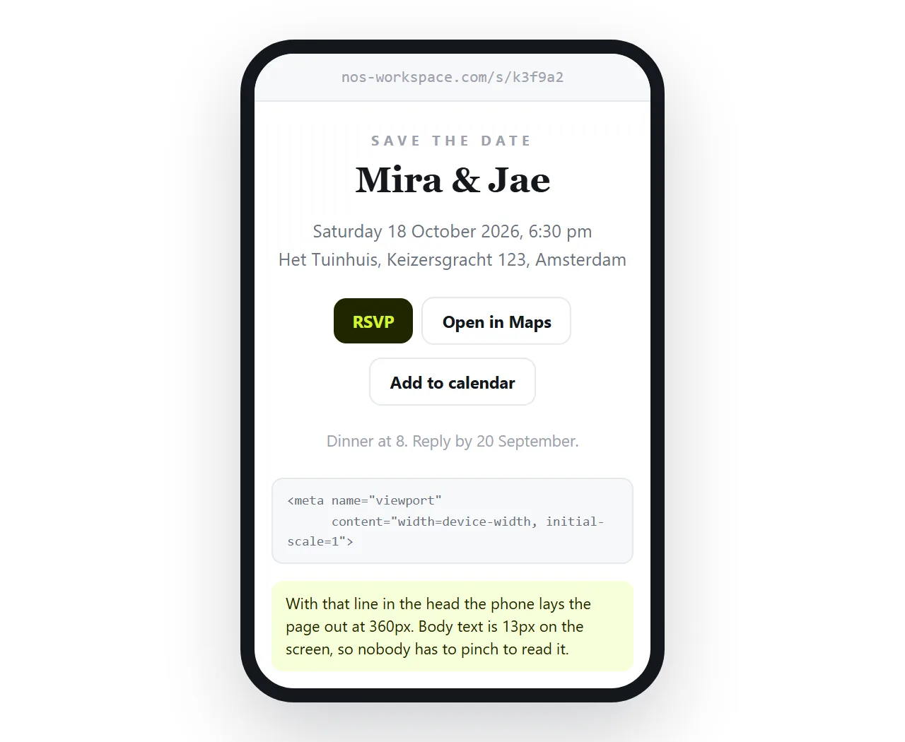 The same invitation at phone width, with the viewport meta tag present so text is readable without zooming.