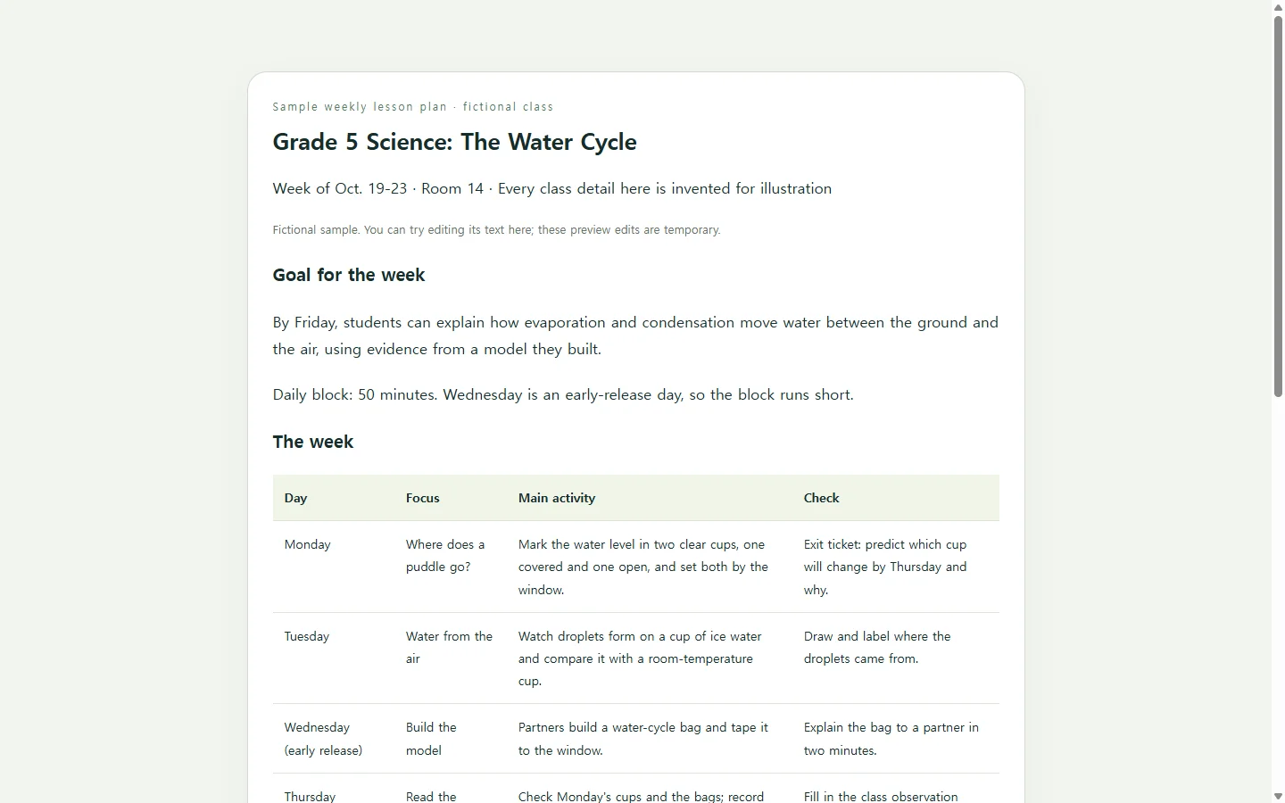 Grade 5 Science: The Water Cycle — fictional sample