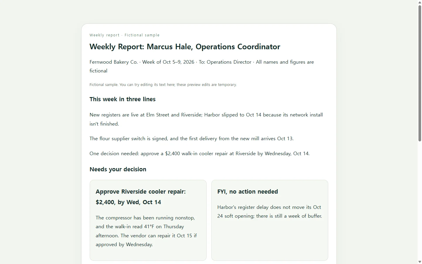 Weekly Report: Marcus Hale, Operations Coordinator — fictional sample