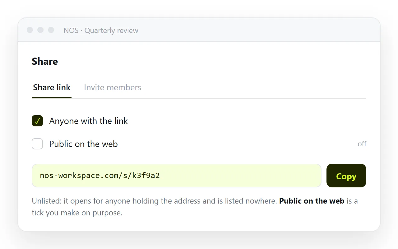 The share dialog, unlisted by default, with the option to make the page public.