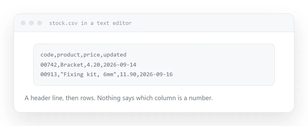 A CSV opened in a text editor, showing the raw lines and the quoting.