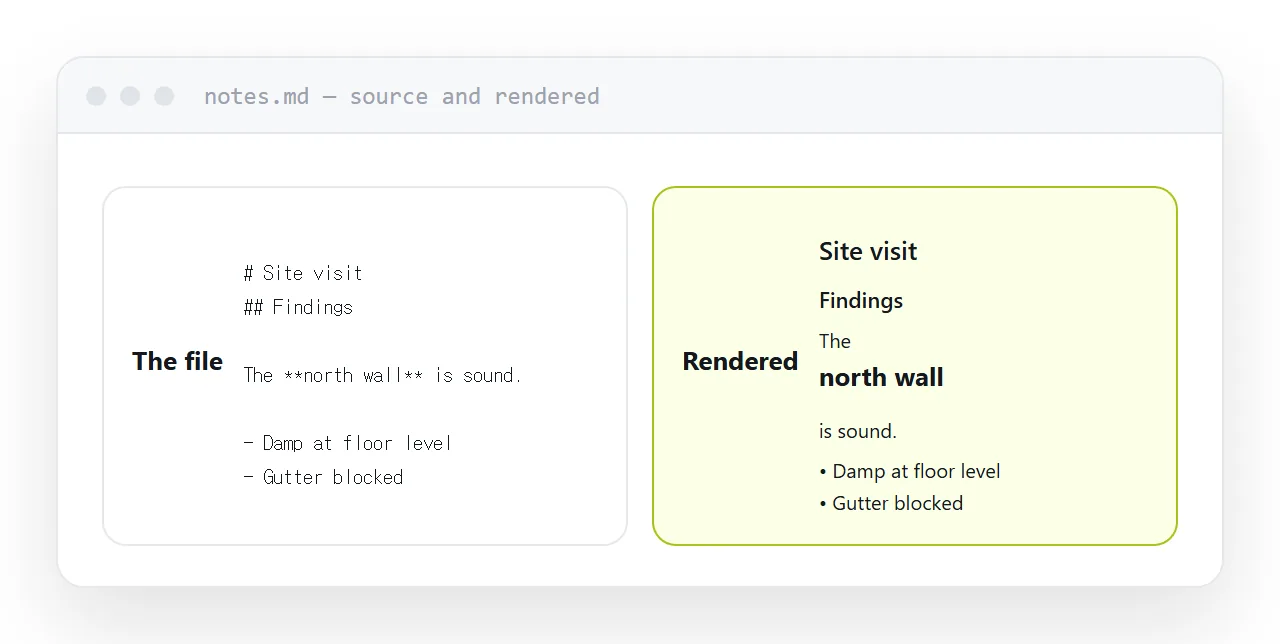A plain text source beside the same content rendered as a page.