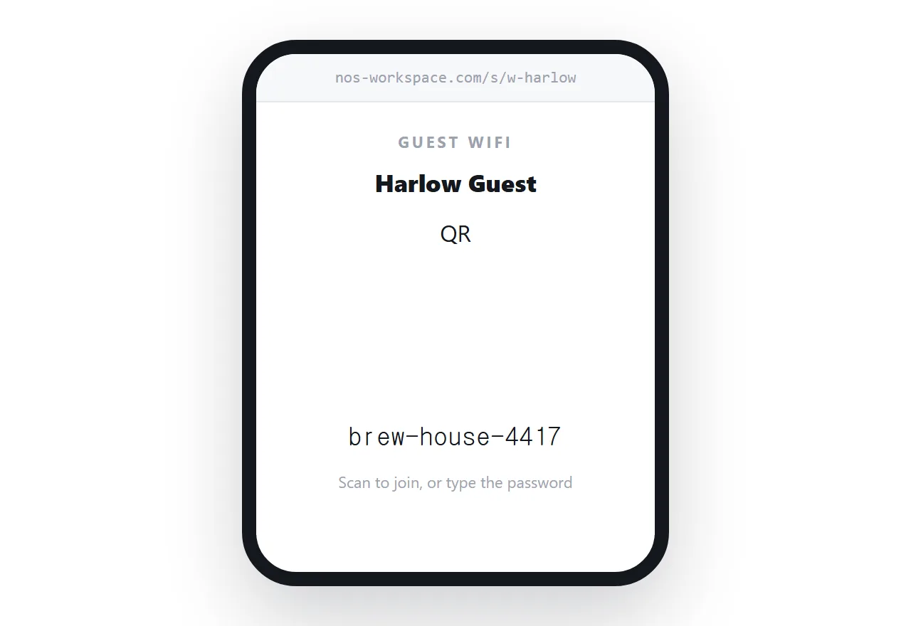A WiFi page on a phone. Network name, a QR code, and the password in monospace beneath.