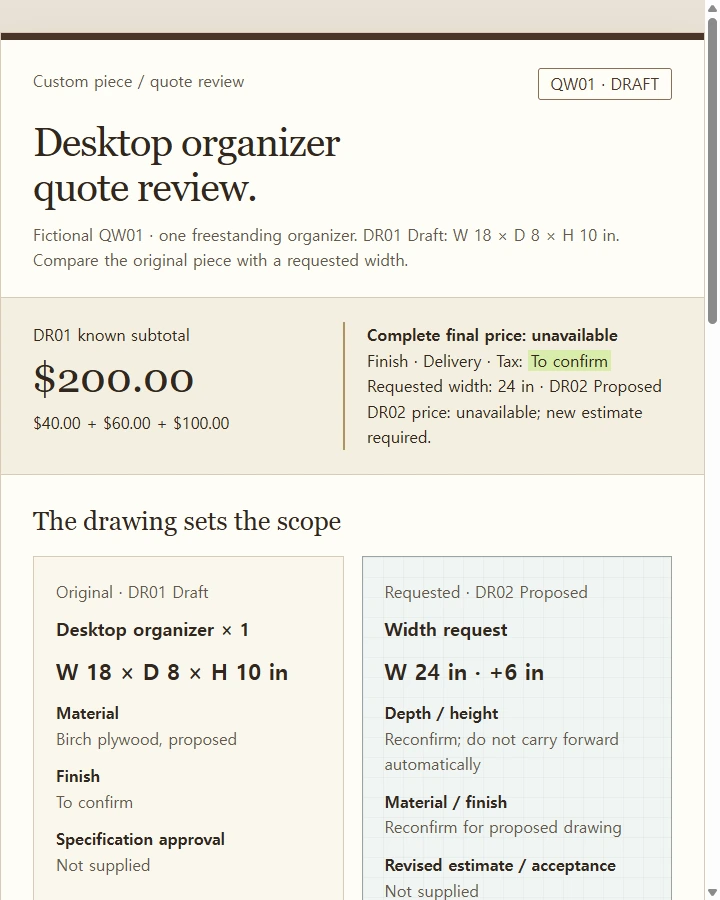 QW01 · Woodworking quote review