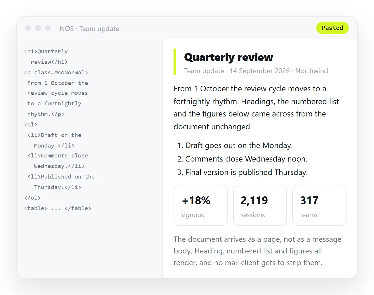 The document content pasted into a NOS document, rendering as a full page with its styling.