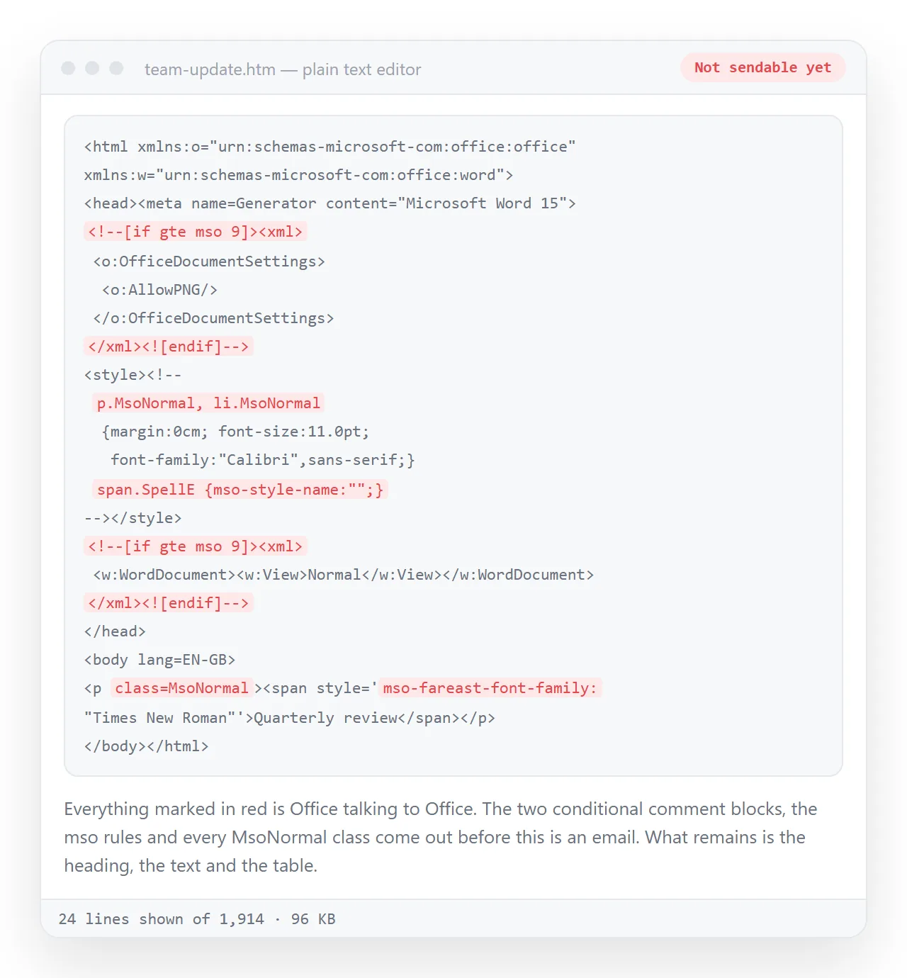 The exported markup in a plain text window, showing the Office conditional comments that have to come out.