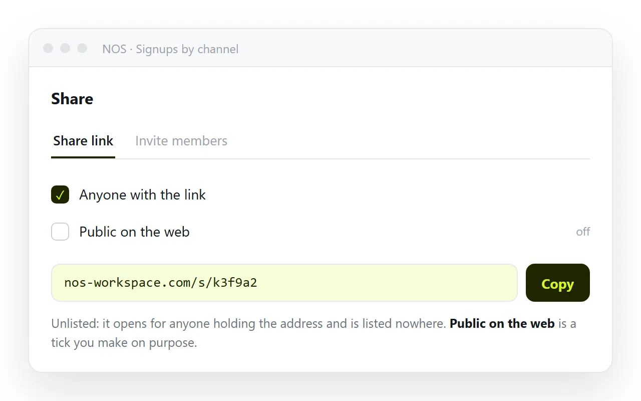 The share panel with the link created and Public on the web left unticked.