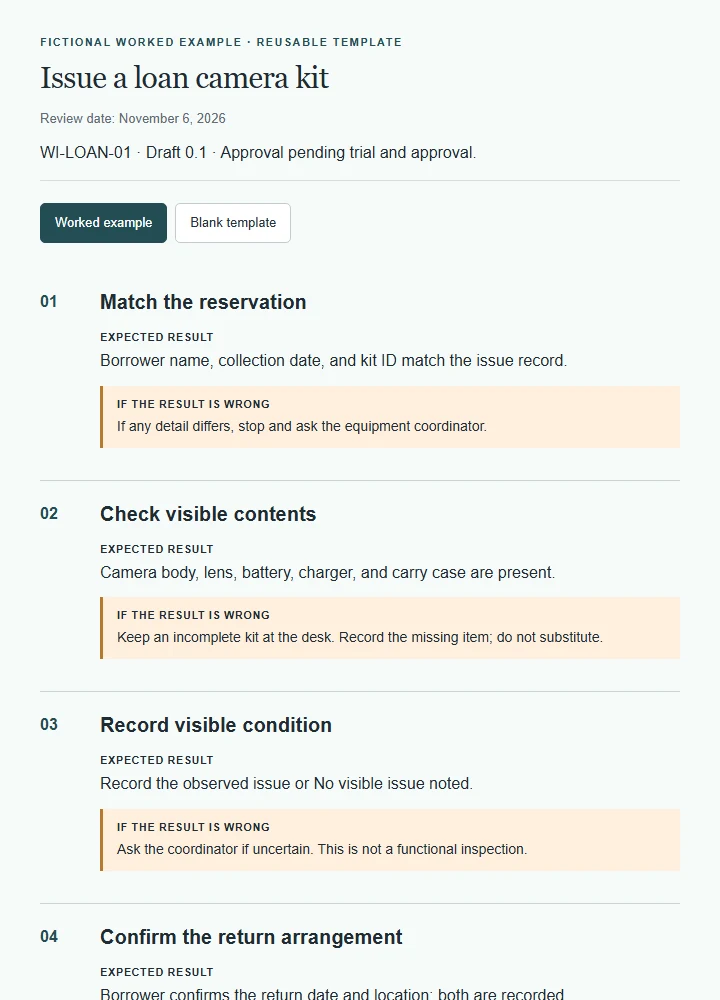 Issue a loan camera kit: fictional worked example and reusable blank template.