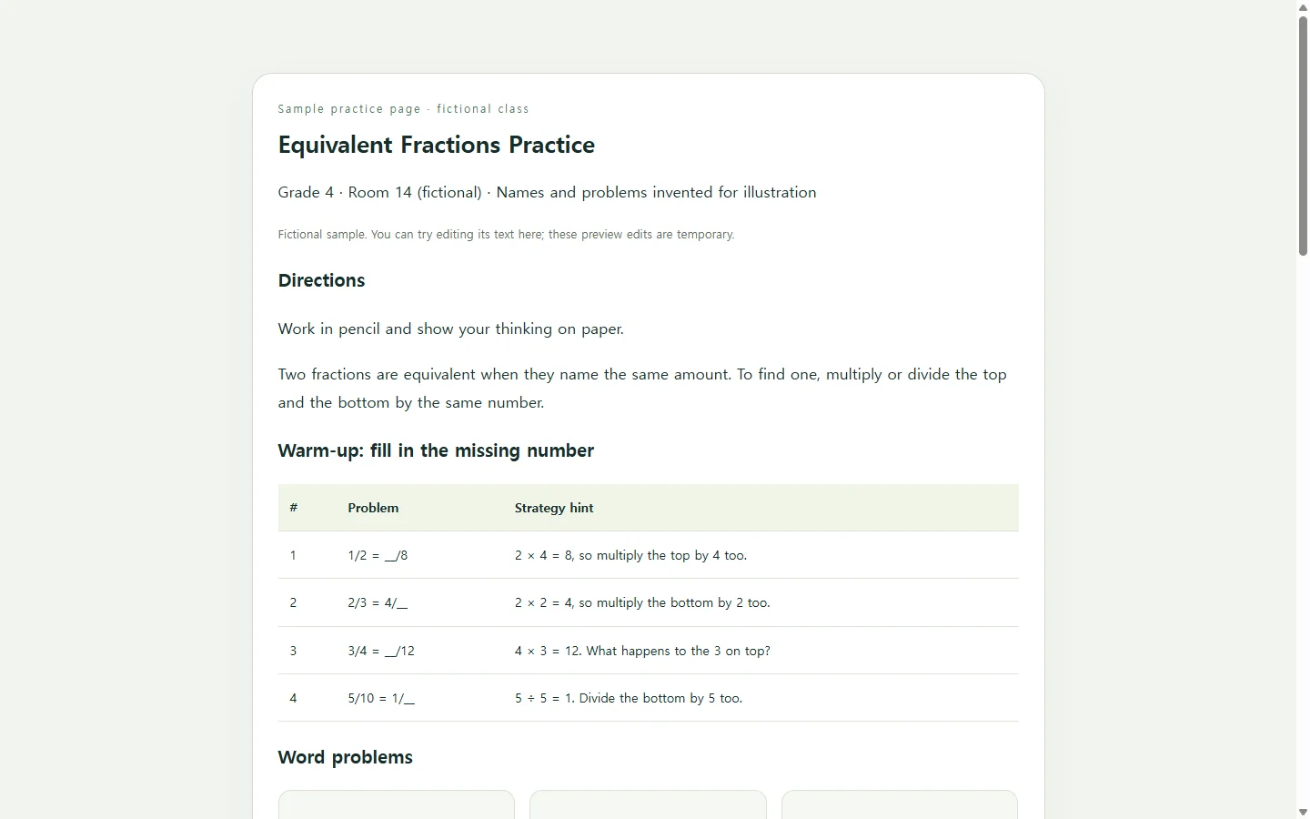Equivalent Fractions Practice — fictional sample