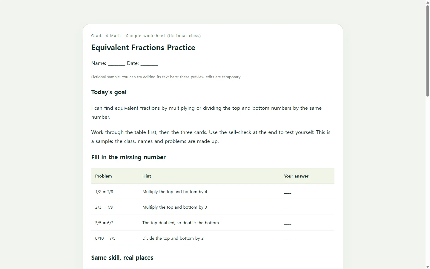 Equivalent Fractions Practice — fictional sample
