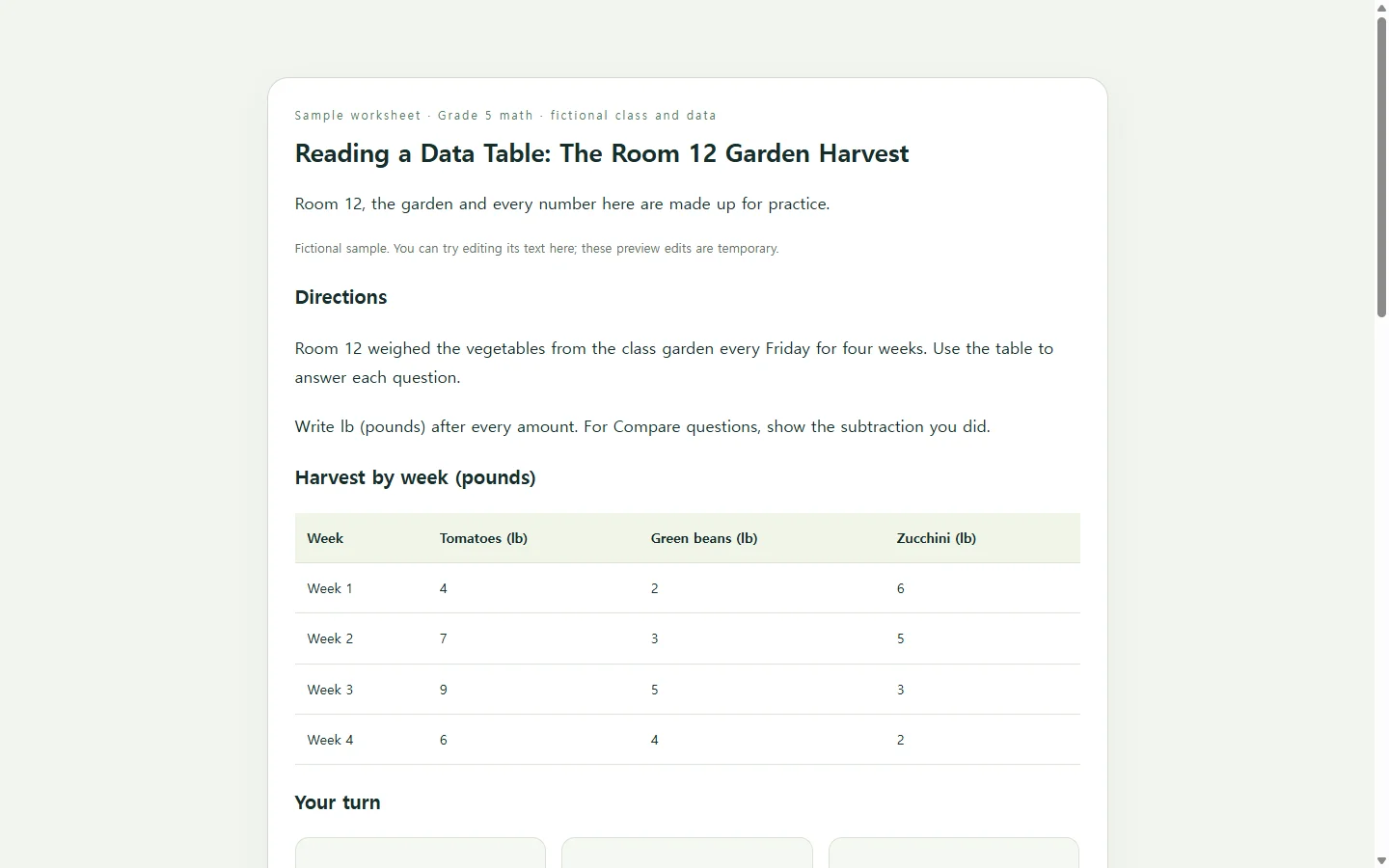 Reading a Data Table: The Room 12 Garden Harvest — fictional sample