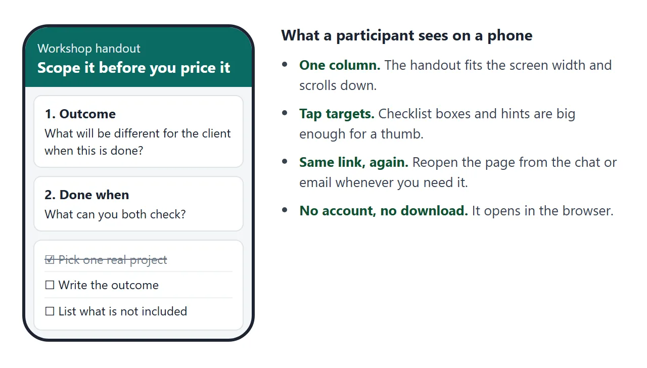 What a participant sees on a phone: one column, big tap targets, no download.