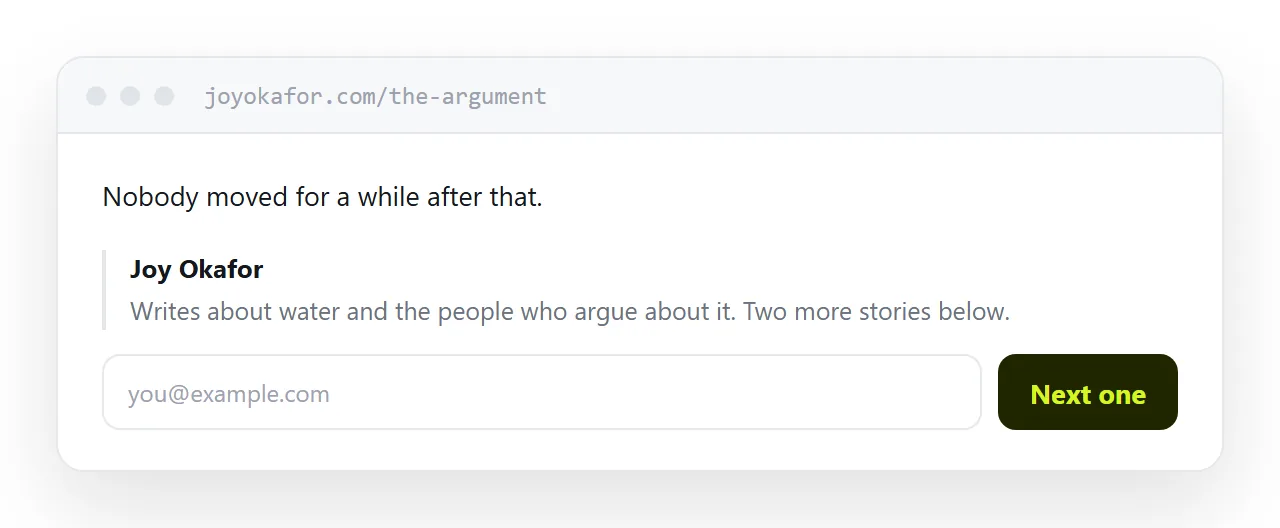 The end of a story with a short author line and a signup beneath it.