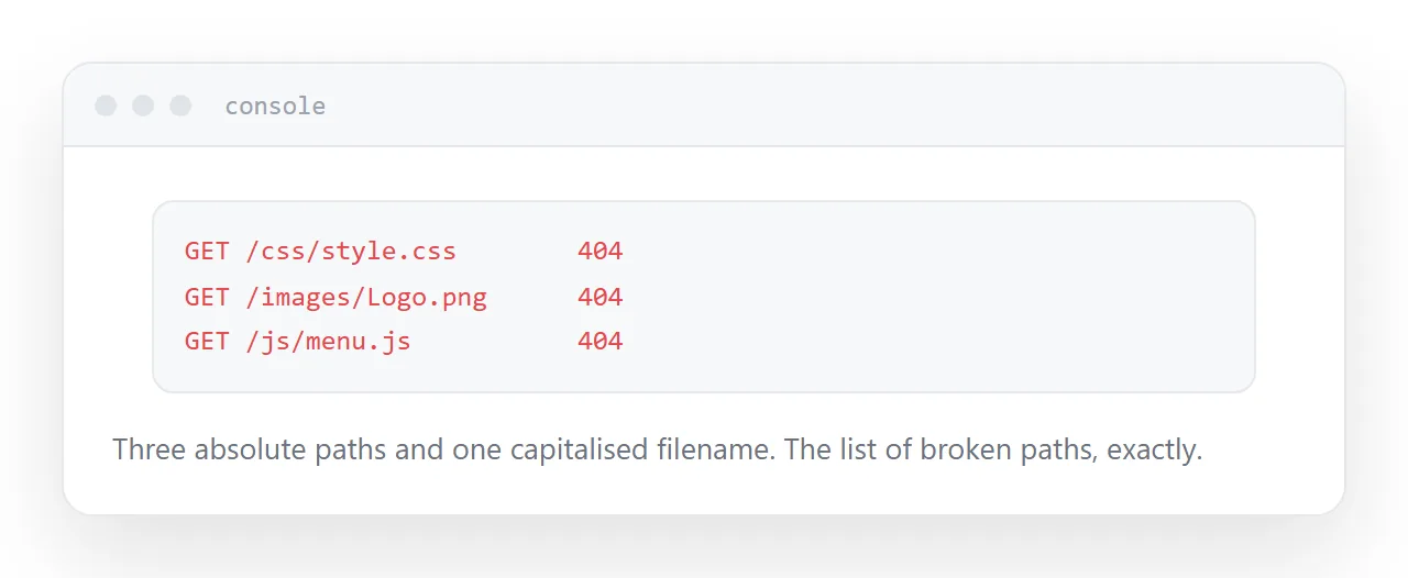 A browser console listing failed requests for stylesheets and images after publishing.